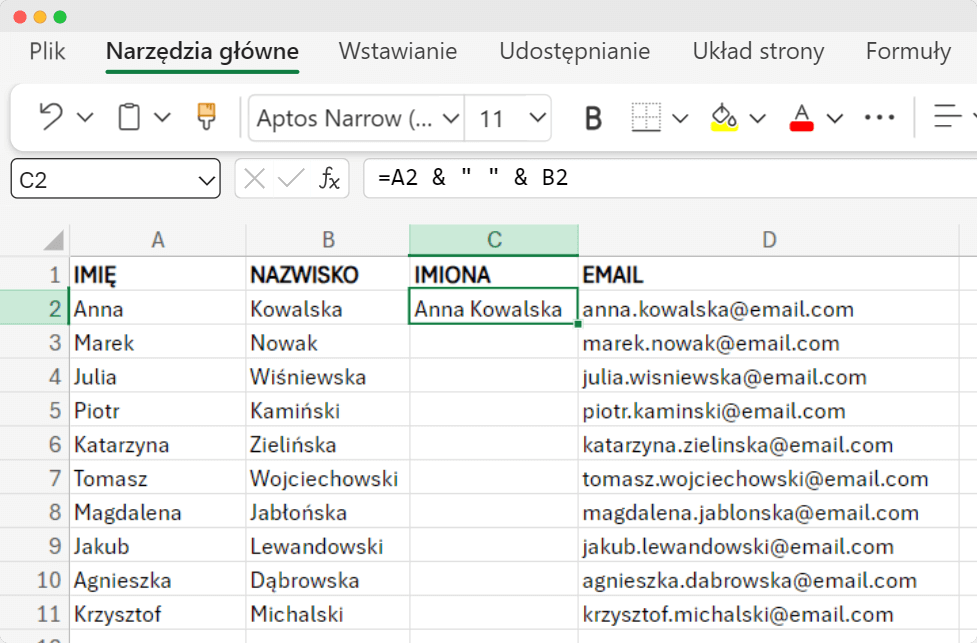 Jak połączyć dwie kolumny w Excelu imię i nazwisko metodą za pomocą prostej formuły konkatenacji Ampersand, z połączonymi nazwiskami wyświetlanymi w kolumnie Nazwiska. Jak połączyć dwie kolumny w Excelu imię i nazwisko metodą za pomocą prostej formuły konkatenacji Ampersand, z połączonymi nazwiskami wyświetlanymi w kolumnie Nazwiska.