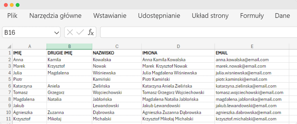 Końcowe dane wyjściowe programu Excel przedstawiające pełne imiona i nazwiska połączone ze zbioru danych. Końcowe dane wyjściowe programu Excel przedstawiające pełne imiona i nazwiska połączone ze zbioru danych.