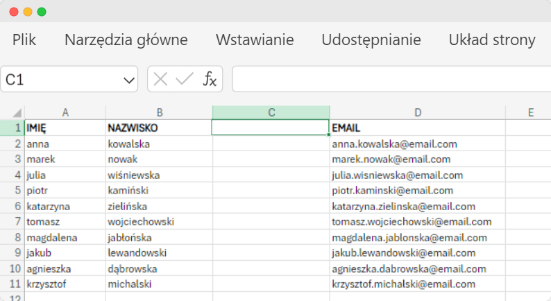 Tabela programu Excel przedstawiająca nieprzygotowane dane do tego jak połączyć tekst w Excelu funkcją Z.WIELKIEJ.LITERY. Tabela programu Excel przedstawiająca nieprzygotowane dane do tego jak połączyć tekst w Excelu funkcją Z.WIELKIEJ.LITERY.