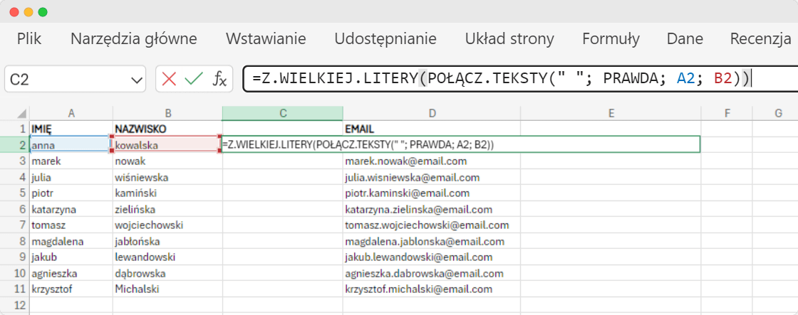 Tabela pokazujący, jak połączyć tekst w excelu funkcją Z.WIELKIEJ.LITERY, podświetlając zestaw danych z imieniem i nazwiskiem. Tabela pokazujący, jak połączyć tekst w excelu funkcją Z.WIELKIEJ.LITERY, podświetlając zestaw danych z imieniem i nazwiskiem.