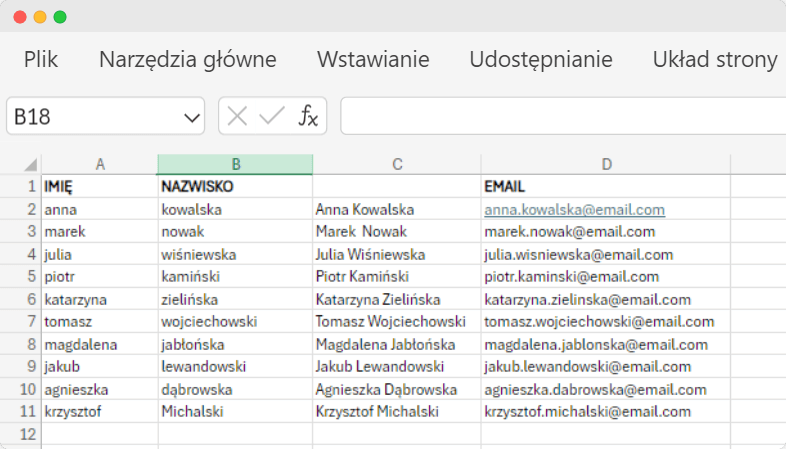 Przykład pokazujący, jak połączyć tekst w Excelu funkcją Z.WIELKIEJ.LITERY, z połączonymi nazwiskami wyświetlanymi w nowej kolumnie. Przykład pokazujący, jak połączyć tekst w Excelu funkcją Z.WIELKIEJ.LITERY, z połączonymi nazwiskami wyświetlanymi w nowej kolumnie.