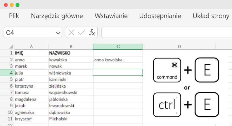 Przykład tabeli programu Excel, w której imiona i nazwiska są łączone i wybierane z listy rozwijanej, pokazując, jak połączyć tekst w Excelu funkcją FLASH FILL ze skrótami klawiaturowymi dla funkcji Flash Fill. Przykład tabeli programu Excel, w której imiona i nazwiska są łączone i wybierane z listy rozwijanej, pokazując, jak połączyć tekst w Excelu funkcją FLASH FILL ze skrótami klawiaturowymi dla funkcji Flash Fill.