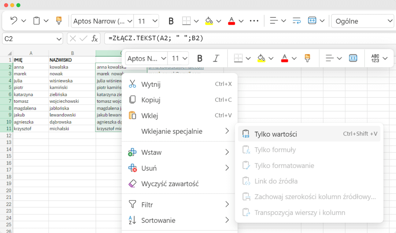 Przykład wskazówki dotyczącej łączenia imienia i nazwiska w programie Excel oraz konwertowania formuł na wartości. Przykład wskazówki dotyczącej łączenia imienia i nazwiska w programie Excel oraz konwertowania formuł na wartości.