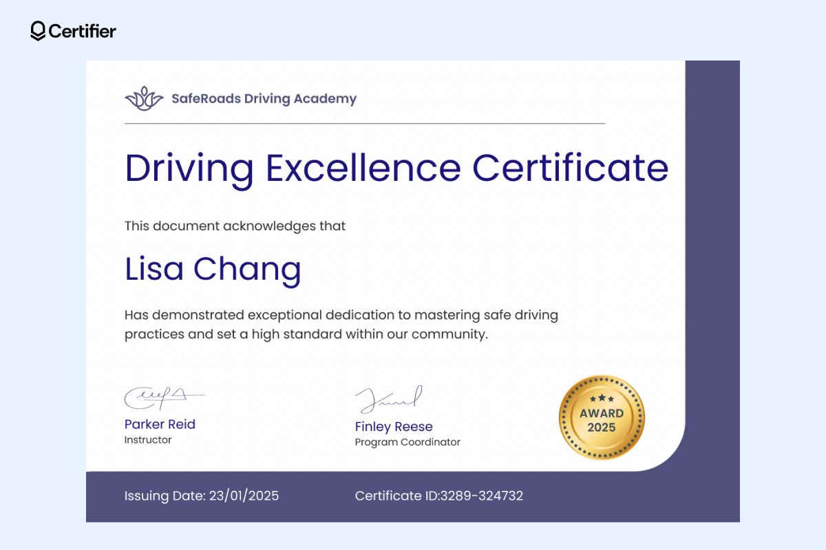 A polished Driving Excellence Certificate template, awarded to 