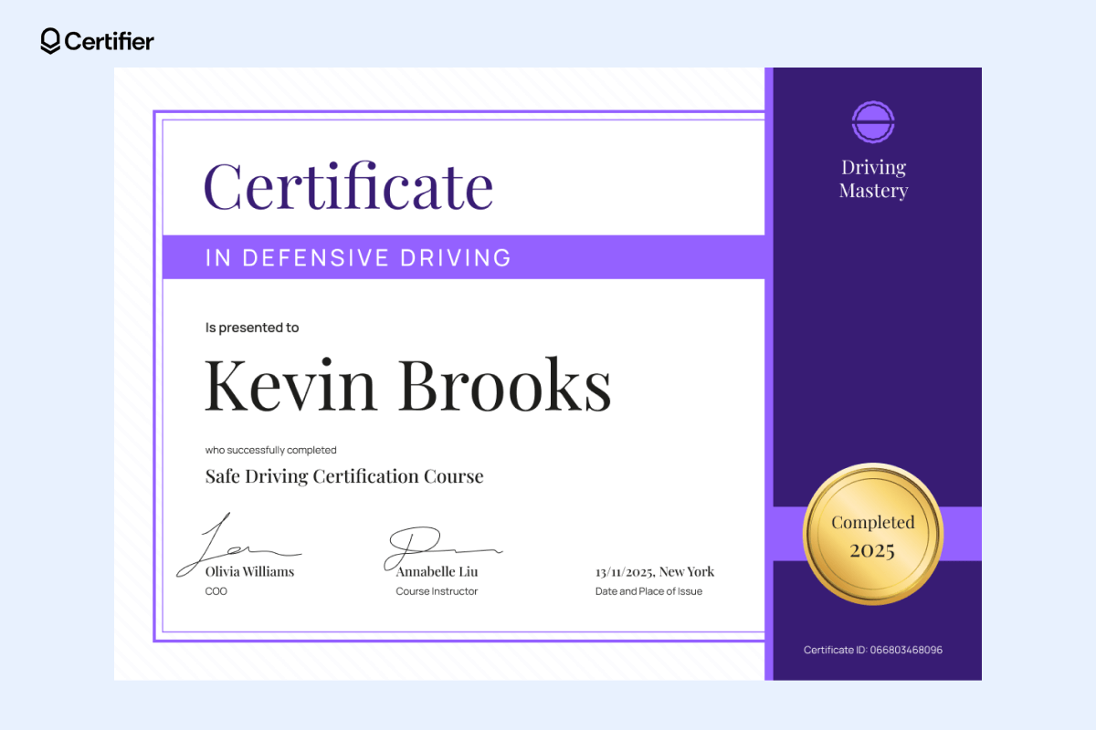 A printable defensive driving certificate template with a modern purple and white design, featuring the name 