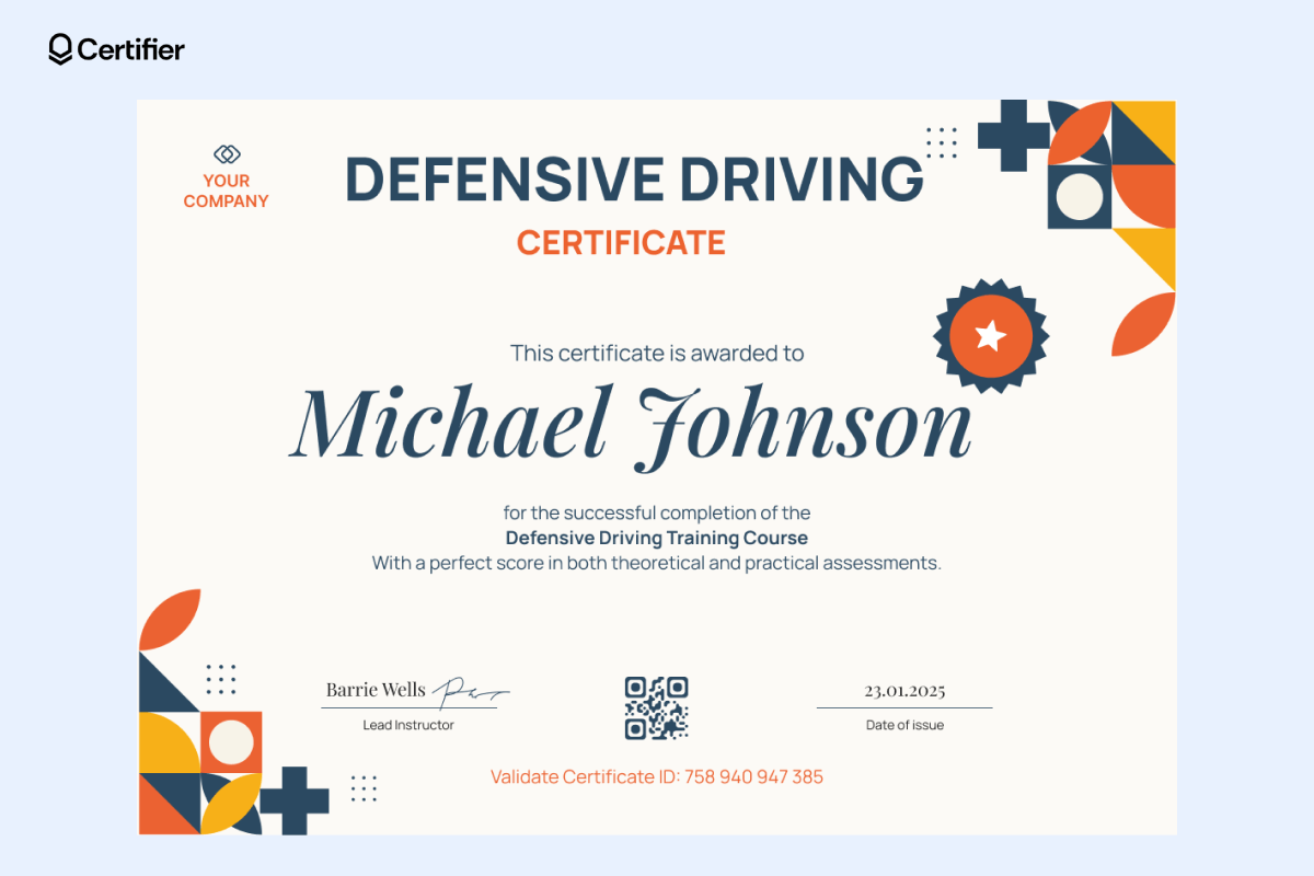 A defensive driving certificate template in a geometric orange and blue design, recognizing 