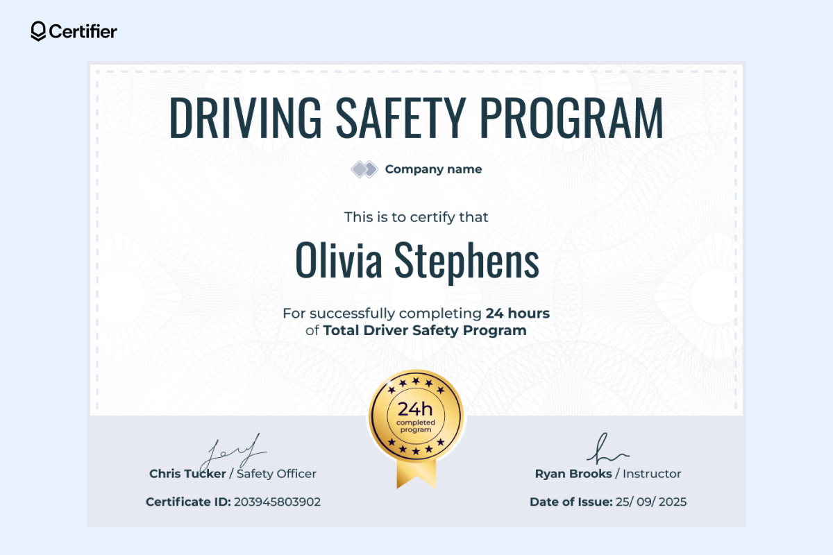 A clean and formal certificate design for the Driving Safety Program, highlighting 