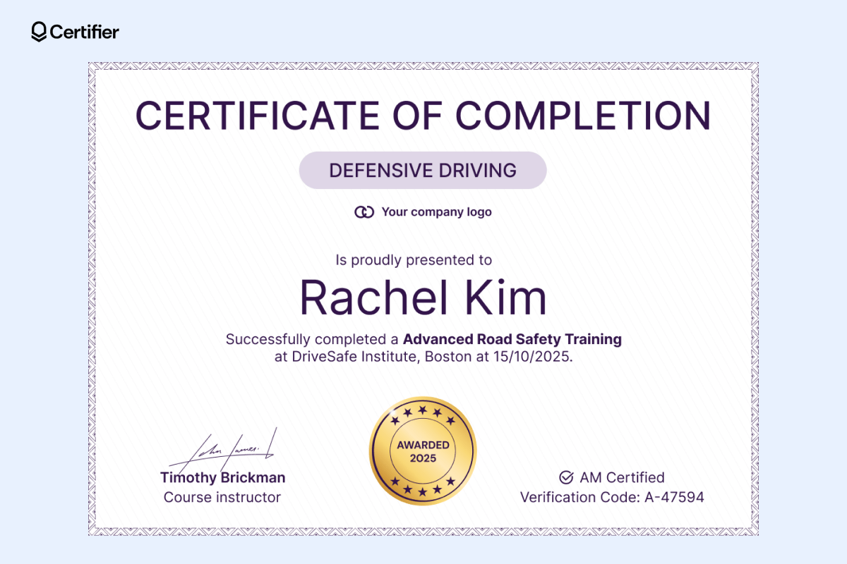 A defensive driving certificate of completion, awarded to 