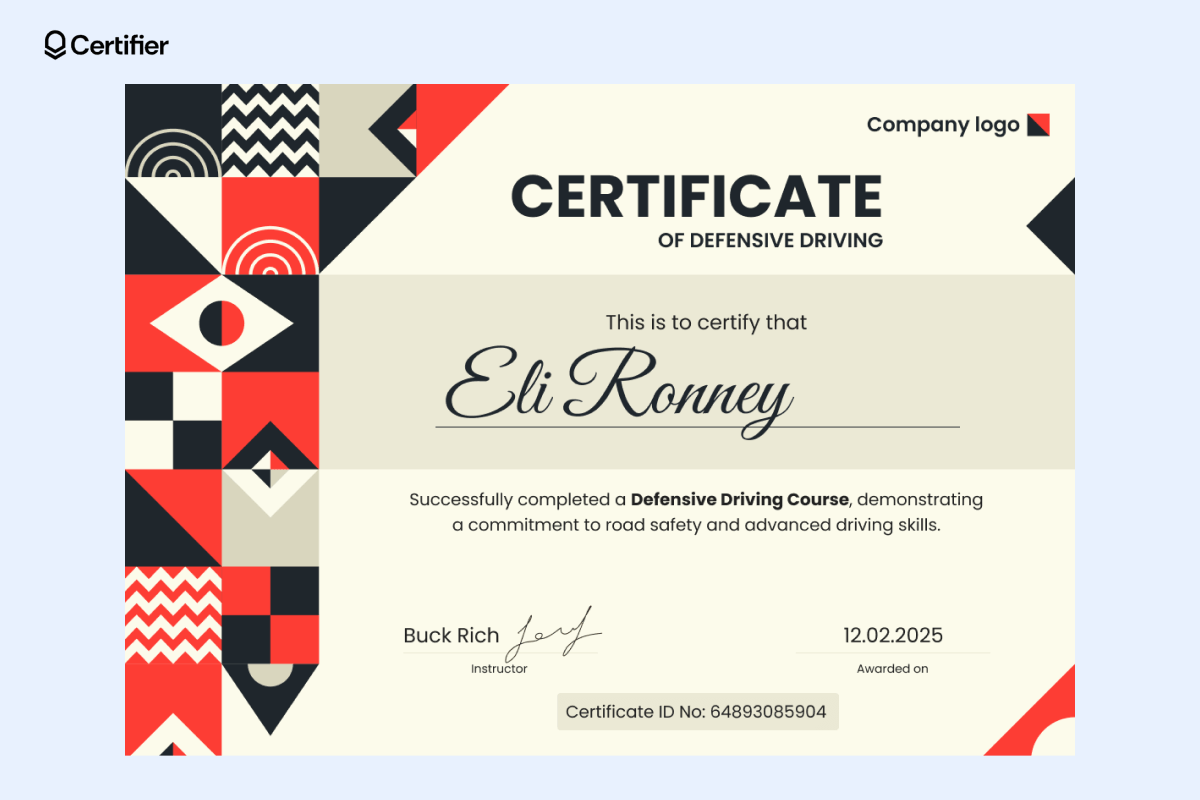A defensive driving certificate template with bold geometric patterns, recognizing 
