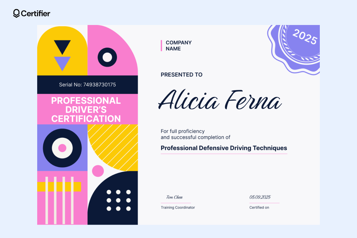 A defensive driving certificate awarded to 