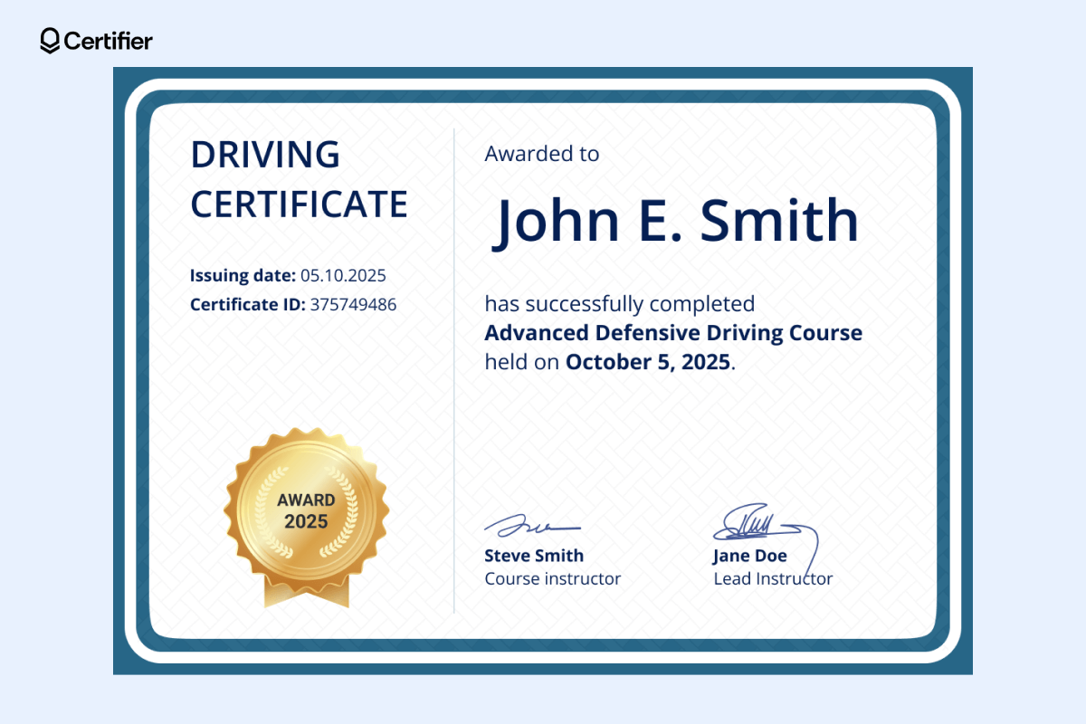 A printable defensive driving certificate template featuring a clean blue-bordered design, awarded to 