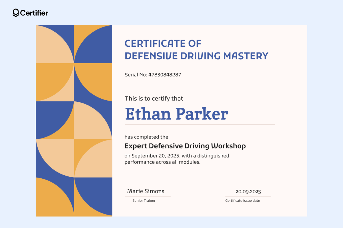 A professional defensive driving course certificate, awarded to 