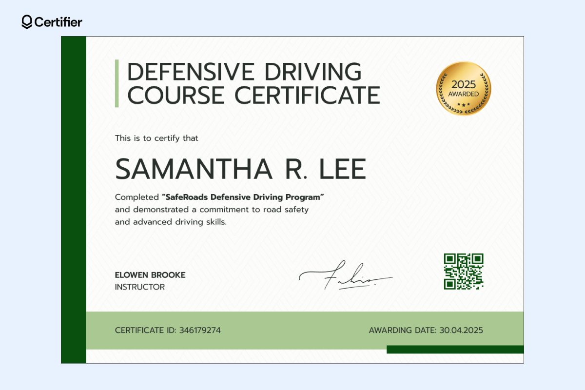 A sleek safety driving certificate template, recognizing 