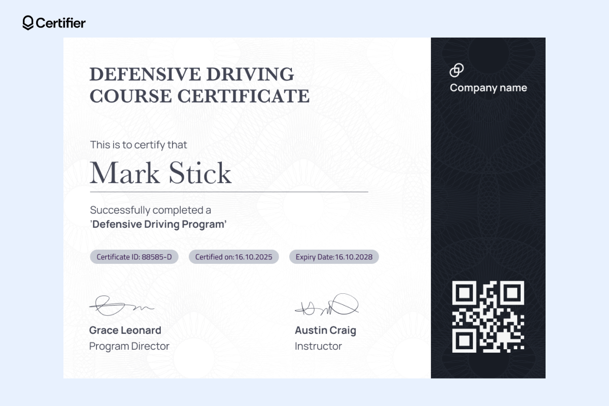 A sleek safety driving certificate template, certifying 