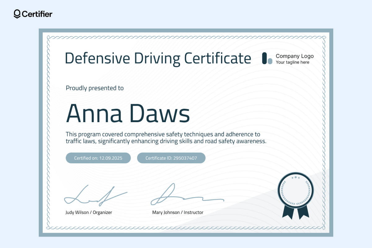 A printable defensive driving certificate template featuring a wave-themed blue border, awarded to 