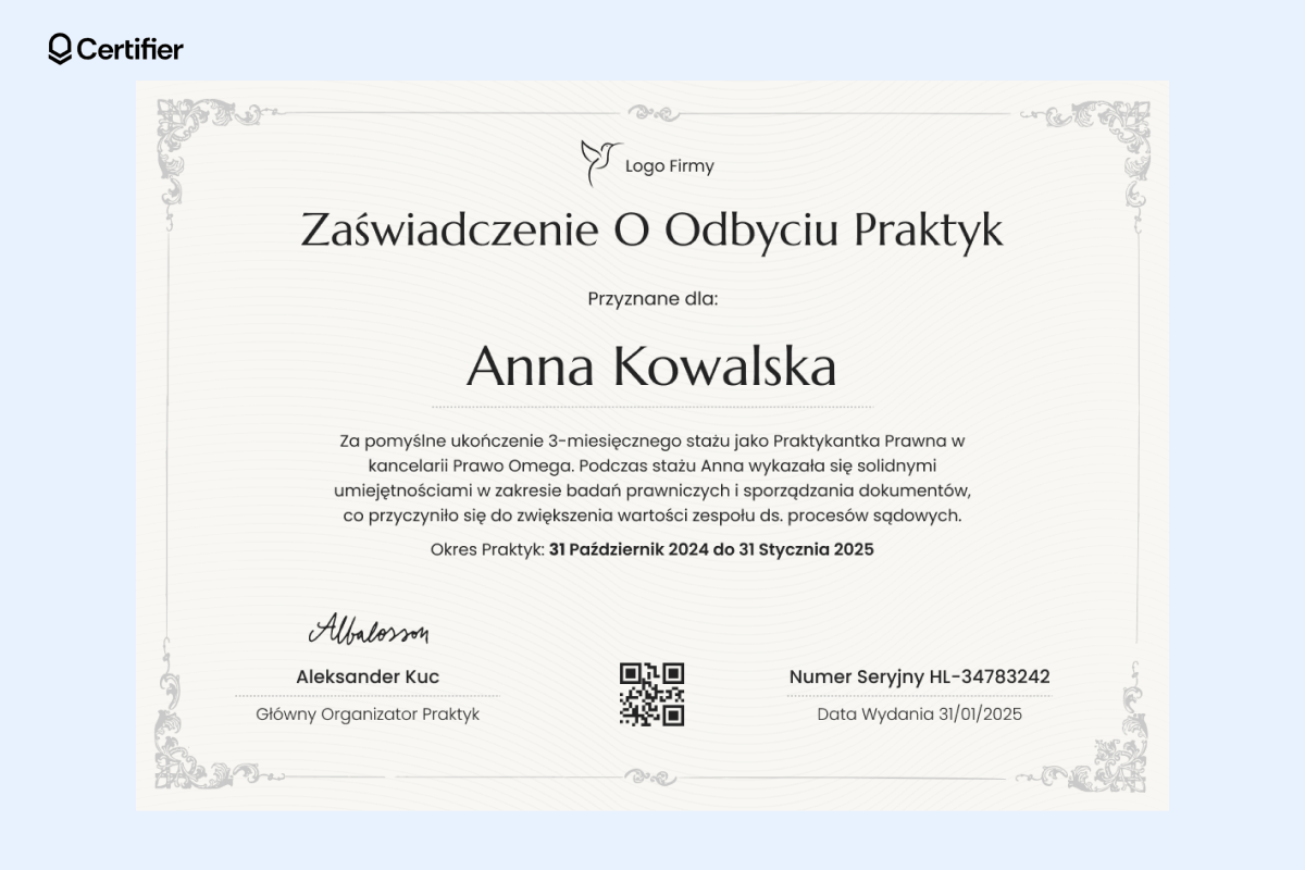 Format zaświadczenia o odbyciu praktyk w dziedzinie prawa, który charakteryzuje się klasycznym designem ; zawiera nazwę firmy, tytuł certyfikatu oraz imię i nazwisko osoby odpowiedzialnej za odbiór. Format zaświadczenia o odbyciu praktyk w dziedzinie prawa, który charakteryzuje się klasycznym designem ; zawiera nazwę firmy, tytuł certyfikatu oraz imię i nazwisko osoby odpowiedzialnej za odbiór.