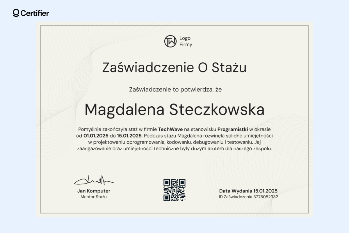 Szablony zaświadczeń o odbyciu stażu - gotowy do pobrania przykład zaświadczenia o odbyciu stażu z logo firmy na górze i tytułem. Szablony zaświadczeń o odbyciu stażu - gotowy do pobrania przykład zaświadczenia o odbyciu stażu z logo firmy na górze i tytułem.