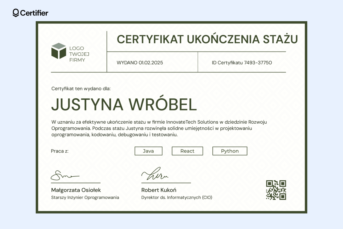 Szablon certyfikatu stażowego z uporządkowanym układem, zawierającym logo firmy i tytuł na górze aby go wyróżnić. Szablon certyfikatu stażowego z uporządkowanym układem, zawierającym logo firmy i tytuł na górze aby go wyróżnić.