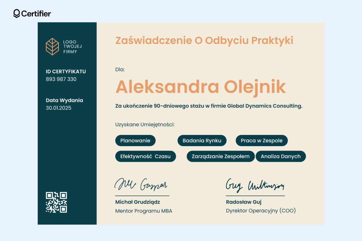 Zaświadczenie o odbyciu praktyk zawodowych wzór prezentujący nowoczesny design, zawierający imię i nazwisko odbiorcy, czas trwania stażu oraz zdobyte umiejętności współpracy, takie jak planowanie strategiczne i badania rynkowe. Zaświadczenie o odbyciu praktyk zawodowych wzór prezentujący nowoczesny design, zawierający imię i nazwisko odbiorcy, czas trwania stażu oraz zdobyte umiejętności współpracy, takie jak planowanie strategiczne i badania rynkowe.