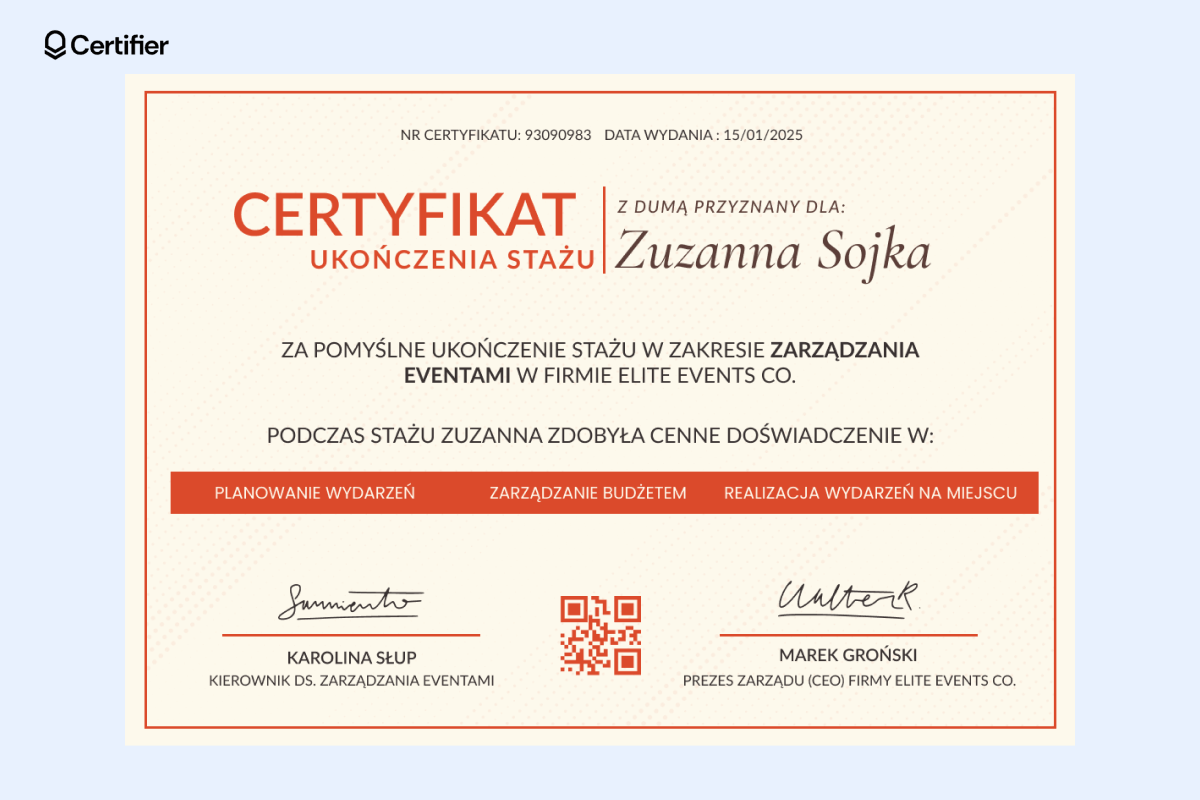 Ten certyfikat ukończenia stażu wyróżnia się żółtym projektem z wyrazistymi pomarańczowymi akcentami, zawiera szczegóły dotyczące roli stażysty w zarządzaniu wydarzeniami, kluczowych nabytych umiejętności i czasu trwania stażu. Ten certyfikat ukończenia stażu wyróżnia się żółtym projektem z wyrazistymi pomarańczowymi akcentami, zawiera szczegóły dotyczące roli stażysty w zarządzaniu wydarzeniami, kluczowych nabytych umiejętności i czasu trwania stażu.