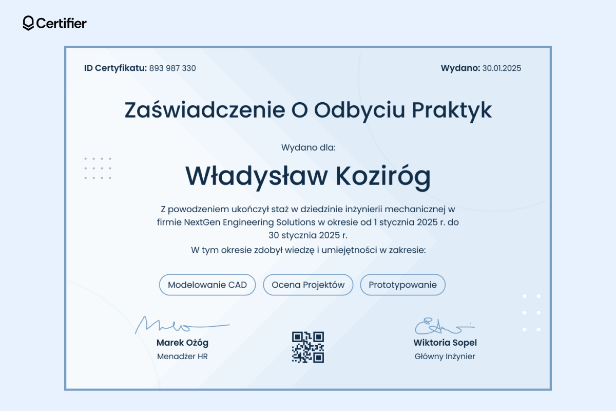 Puste zaświadczenie o odbyciu praktyki wzór gotowy do pobrania w jasnoniebieskim motywie, podkreślający imię i nazwisko odbiorcy, dziedzinę stażu oraz zdobyte umiejętności. Puste zaświadczenie o odbyciu praktyki wzór gotowy do pobrania w jasnoniebieskim motywie, podkreślający imię i nazwisko odbiorcy, dziedzinę stażu oraz zdobyte umiejętności.