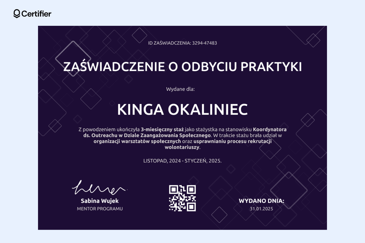 To zaświadczenie o odbyciu praktyk zawodowych wzór charakteryzuje się ciemnym motywem z miejscem na tekst zawierający imię i nazwisko odbiorcy oraz rolę stażową. To zaświadczenie o odbyciu praktyk zawodowych wzór charakteryzuje się ciemnym motywem z miejscem na tekst zawierający imię i nazwisko odbiorcy oraz rolę stażową.