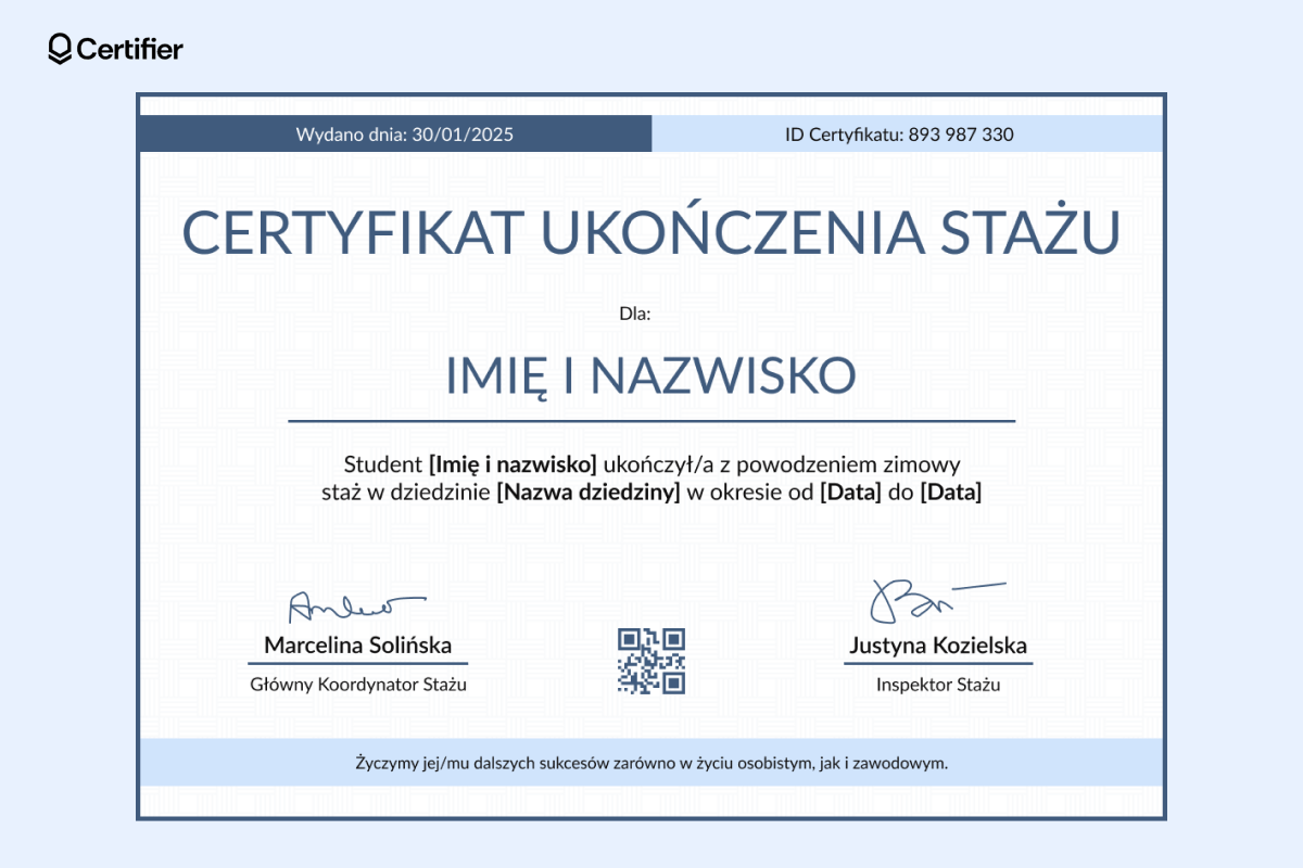 Ten certyfikat ukończenia stażu charakteryzuje się niebieskim, prostym i formalnym układem. Ten certyfikat ukończenia stażu charakteryzuje się niebieskim, prostym i formalnym układem.