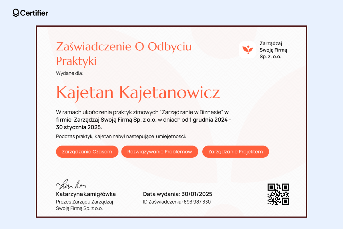 Jest to zaświadczenie o odbyciu praktyki z nowoczesnym designem w pomarańczowym motywie. Jest to zaświadczenie o odbyciu praktyki z nowoczesnym designem w pomarańczowym motywie.