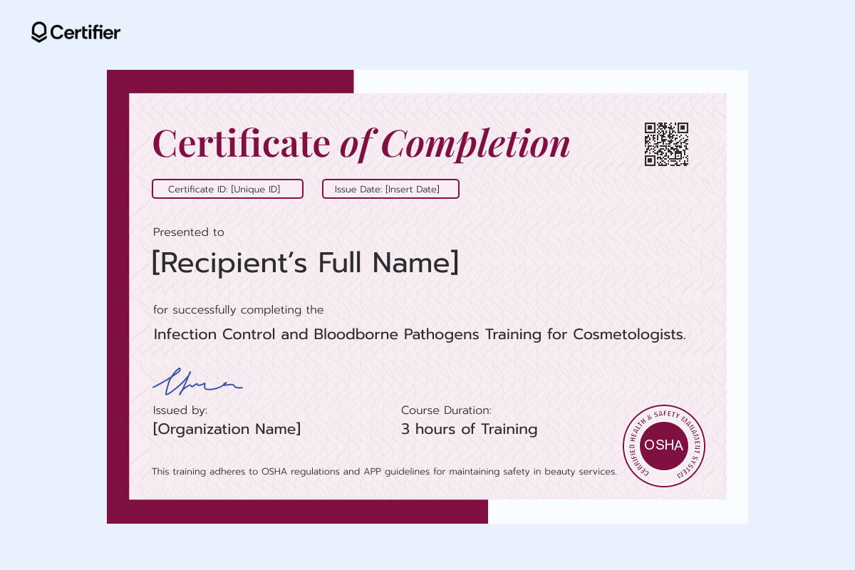 Bloodborne pathogens certificate template for cosmetologists and beauty professionals. OSHA-compliant infection control certificate with QR code verification and a sleek maroon design Bloodborne pathogens certificate template for cosmetologists and beauty professionals. OSHA-compliant infection control certificate with QR code verification and a sleek maroon design