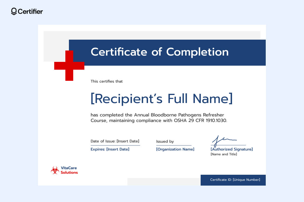 Printable bloodborne pathogens certificate template for annual refresher training. OSHA 29 CFR 1910.1030 compliance certificate with bold red first-aid cross for healthcare, tattoo artists and body piercers Printable bloodborne pathogens certificate template for annual refresher training. OSHA 29 CFR 1910.1030 compliance certificate with bold red first-aid cross for healthcare, tattoo artists and body piercers