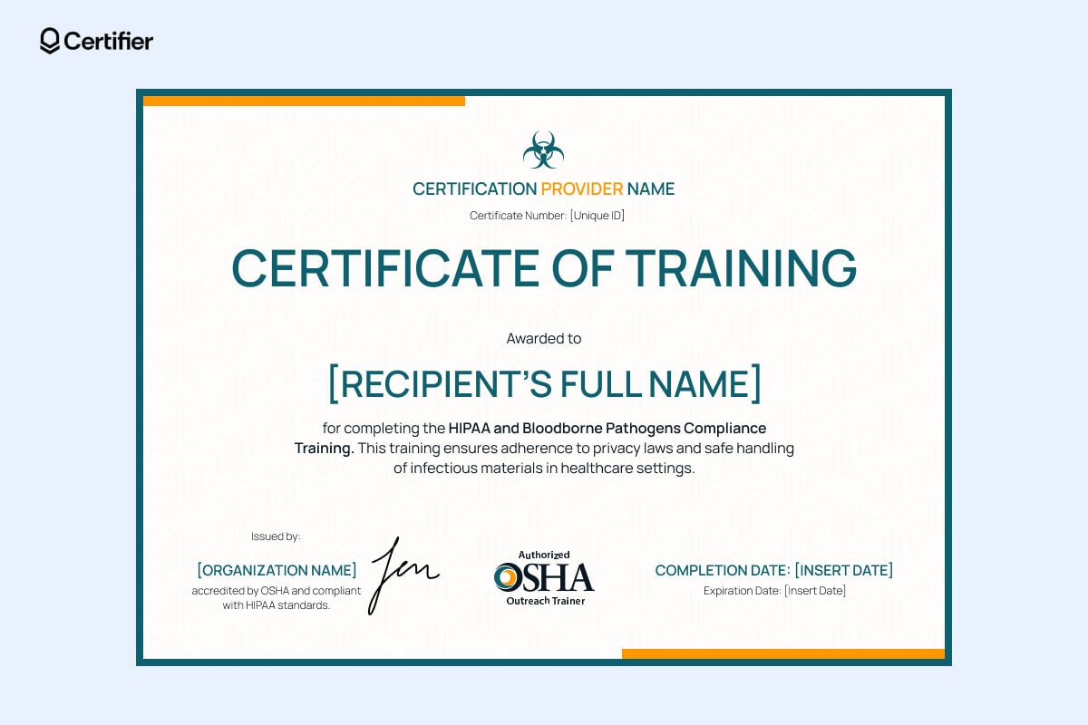 HIPAA and bloodborne pathogens training certificate for healthcare professionals. Modern green and gold design for hospitals, clinics, and medical staff requiring OSHA compliance HIPAA and bloodborne pathogens training certificate for healthcare professionals. Modern green and gold design for hospitals, clinics, and medical staff requiring OSHA compliance