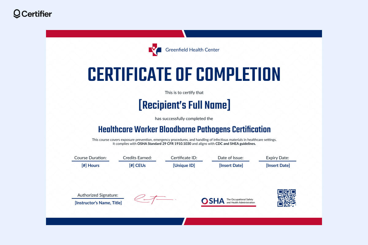 Healthcare bloodborne pathogens certificate template for OSHA, CDC, and SHEA compliance. Red and blue design for hospitals, nursing homes, and medical staff training Healthcare bloodborne pathogens certificate template for OSHA, CDC, and SHEA compliance. Red and blue design for hospitals, nursing homes, and medical staff training