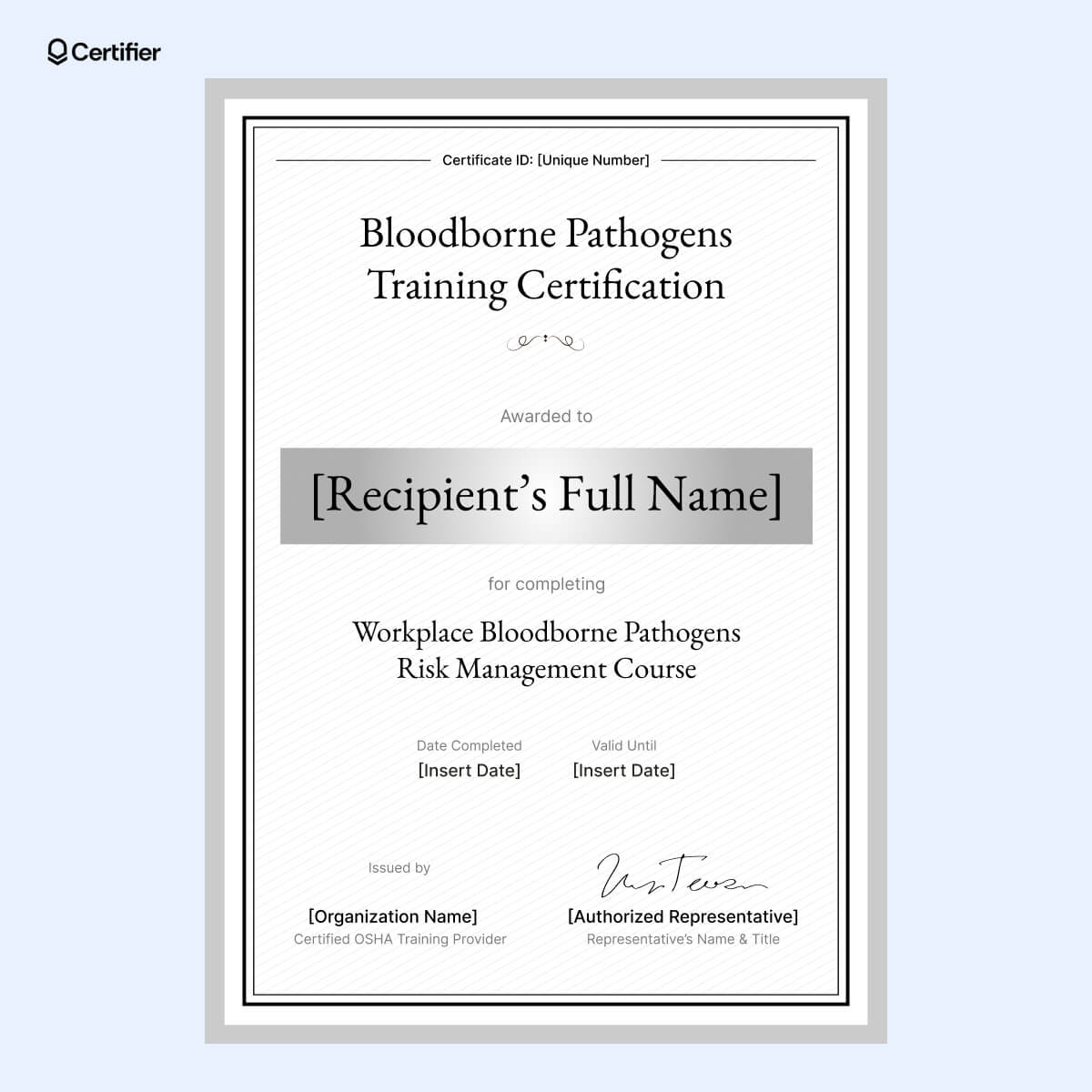 Workplace bloodborne pathogens training certification template. Black-and-white OSHA-compliant design for corporate training programs and employee compliance tracking Workplace bloodborne pathogens training certification template. Black-and-white OSHA-compliant design for corporate training programs and employee compliance tracking