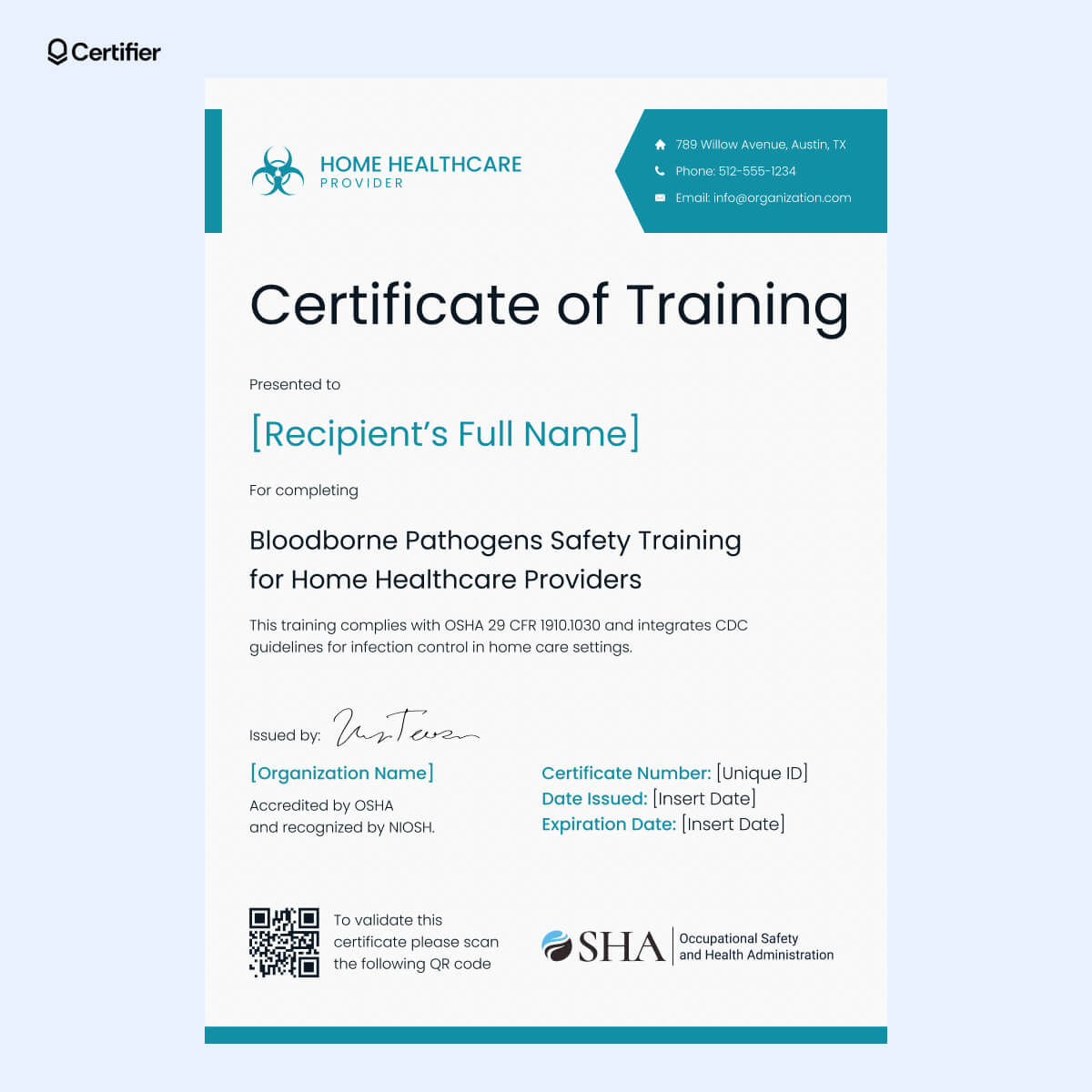 Bloodborne pathogens safety training certificate template for home healthcare providers, featuring QR code validation, organization branding space and expiration tracking fields Bloodborne pathogens safety training certificate template for home healthcare providers, featuring QR code validation, organization branding space and expiration tracking fields