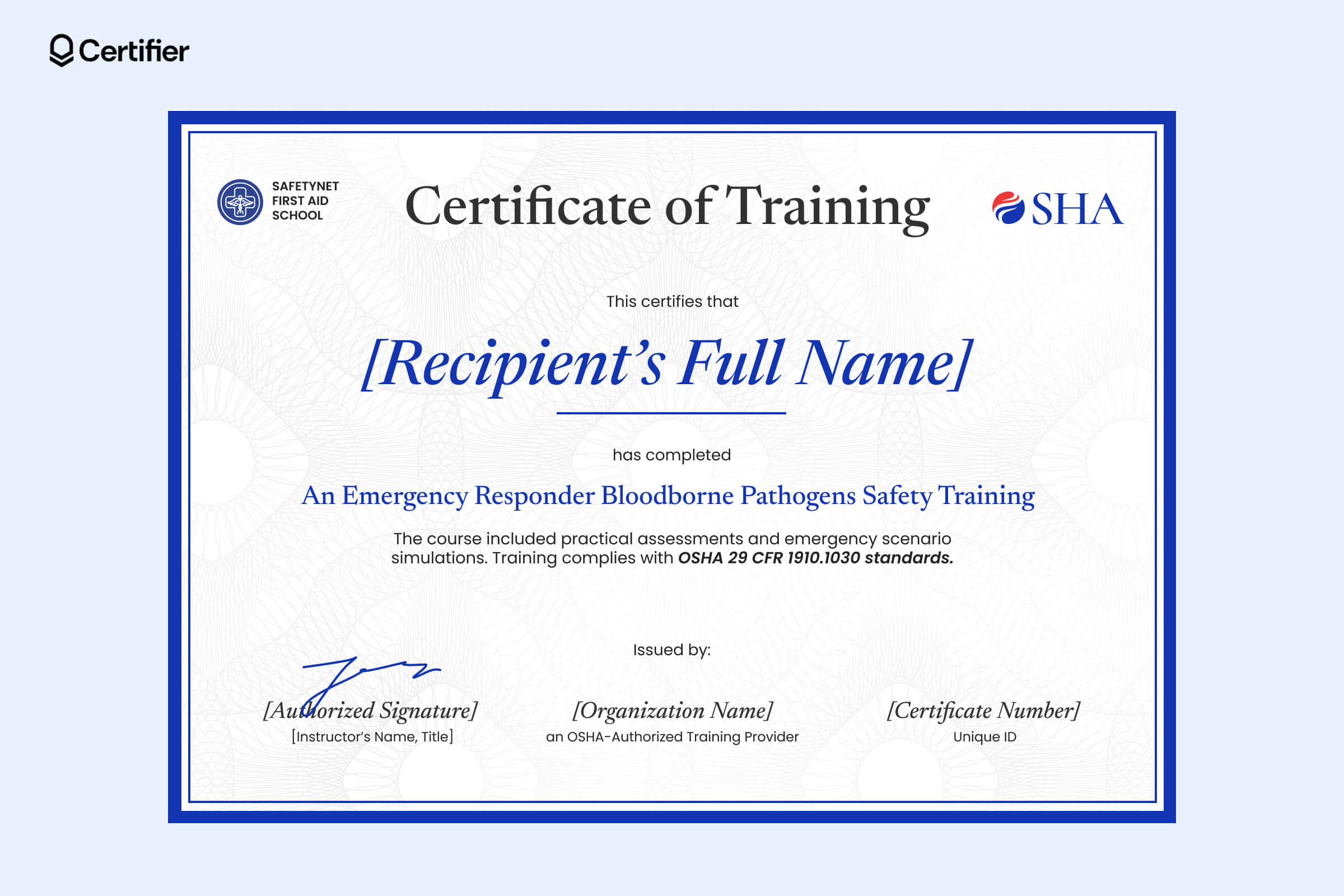 Emergency responder bloodborne pathogens training certificate with deep blue border, uncluttered design for quick compliance checks, and structured OSHA 29 CFR 1910.1030 formatting Emergency responder bloodborne pathogens training certificate with deep blue border, uncluttered design for quick compliance checks, and structured OSHA 29 CFR 1910.1030 formatting