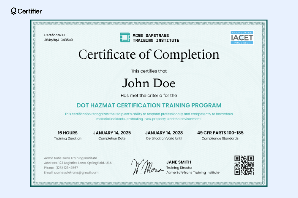 Green dot Hazmat training certification with QR code, IACET logo, digital signatures and personalized text. Green dot Hazmat training certification with QR code, IACET logo, digital signatures and personalized text.