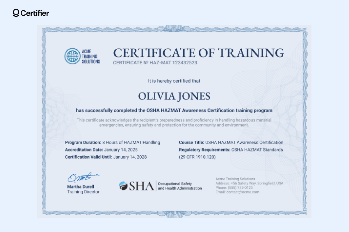 Blue Hazmat employee training record and certification form PDF with OSHA badge, signature, and personalized text; ideal for DOT HAZMAT function-specific training. Blue Hazmat employee training record and certification form PDF with OSHA badge, signature, and personalized text; ideal for DOT HAZMAT function-specific training.