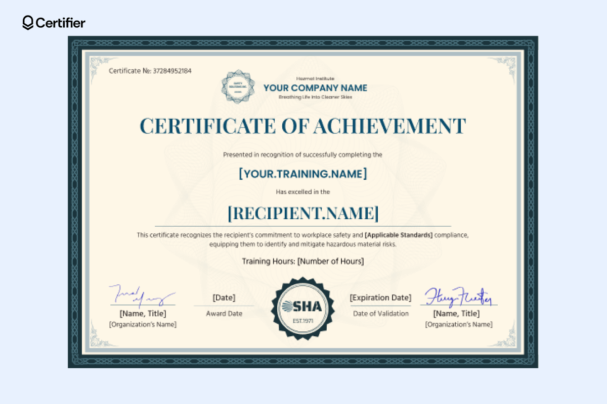 Hazmat certificate template that can used as IATA Hazmat certification or other, with adjustable fields for text, recipient’s name, training details, and digital signatures. Hazmat certificate template that can used as IATA Hazmat certification or other, with adjustable fields for text, recipient’s name, training details, and digital signatures.