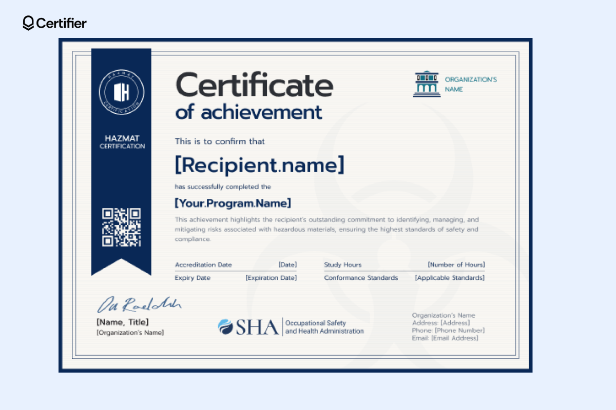 IATA Hazmat certification, featuring placeholders for recipient name, program name, accreditation details, and organization information. IATA Hazmat certification, featuring placeholders for recipient name, program name, accreditation details, and organization information.