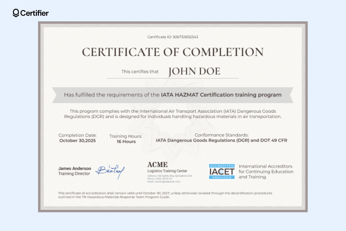 Hazardous material certification form featuring fields for text, training program name, information about the conformance standards. Hazardous material certification form featuring fields for text, training program name, information about the conformance standards.