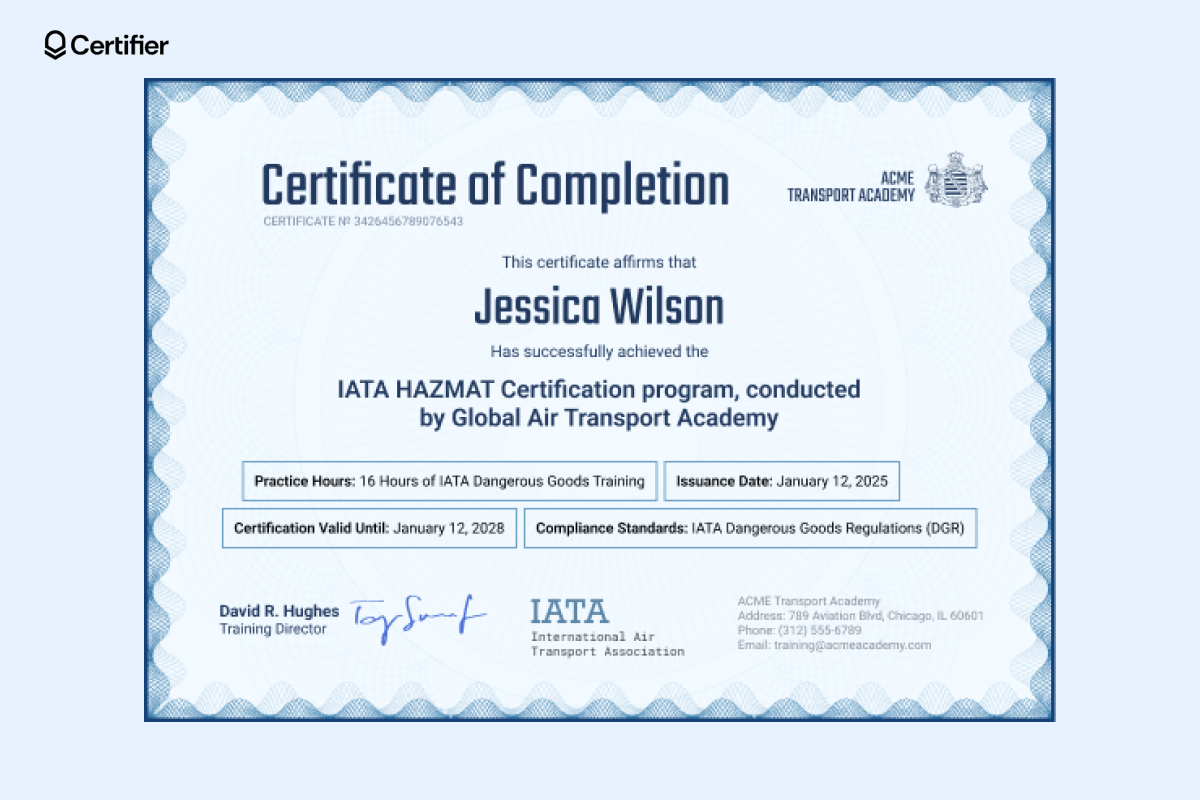 IATA Hazmat certification template with blue borders, training details, digital signatures, graphic elements. IATA Hazmat certification template with blue borders, training details, digital signatures, graphic elements.