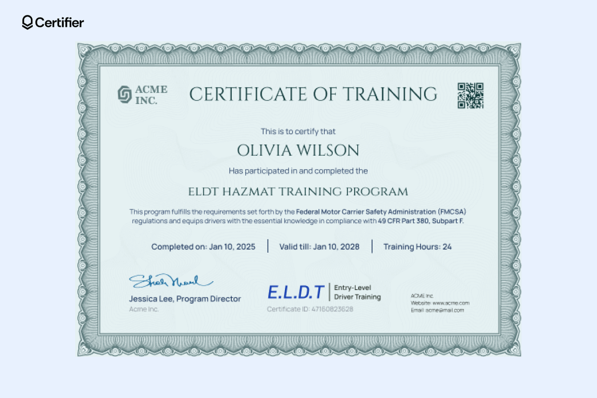 A digital ELDT Hazmat certificate template confirming completion of a Hazmat training program, with placeholders for recipient name, completion date, validity, and training hours. A digital ELDT Hazmat certificate template confirming completion of a Hazmat training program, with placeholders for recipient name, completion date, validity, and training hours.