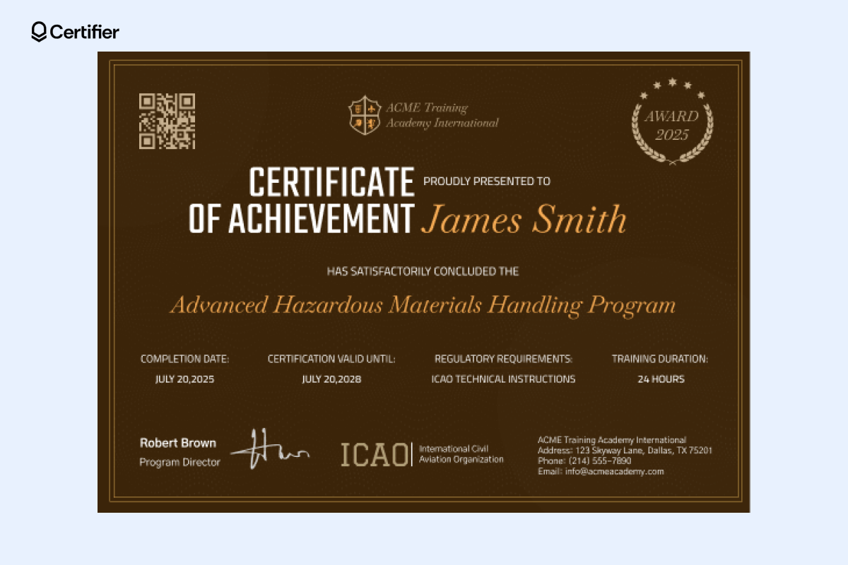Hazmat training certificate template awarded for completing an advanced Hazmat program, featuring recipient name, certification validity, regulatory requirements, and training duration. Hazmat training certificate template awarded for completing an advanced Hazmat program, featuring recipient name, certification validity, regulatory requirements, and training duration.