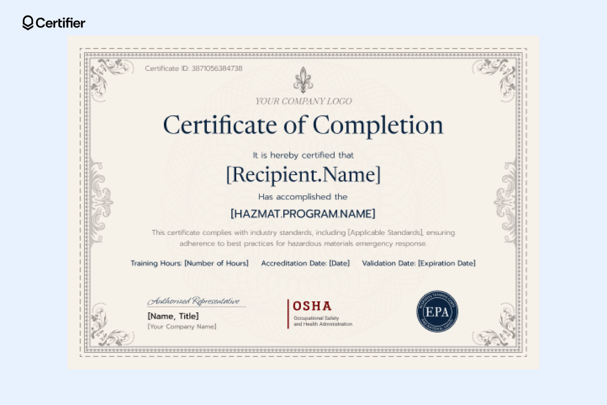 Hazmat employee training certificate template in beige colors, with placeholders for recipient name, accreditation details, training hours, and compliance standards. Hazmat employee training certificate template in beige colors, with placeholders for recipient name, accreditation details, training hours, and compliance standards.