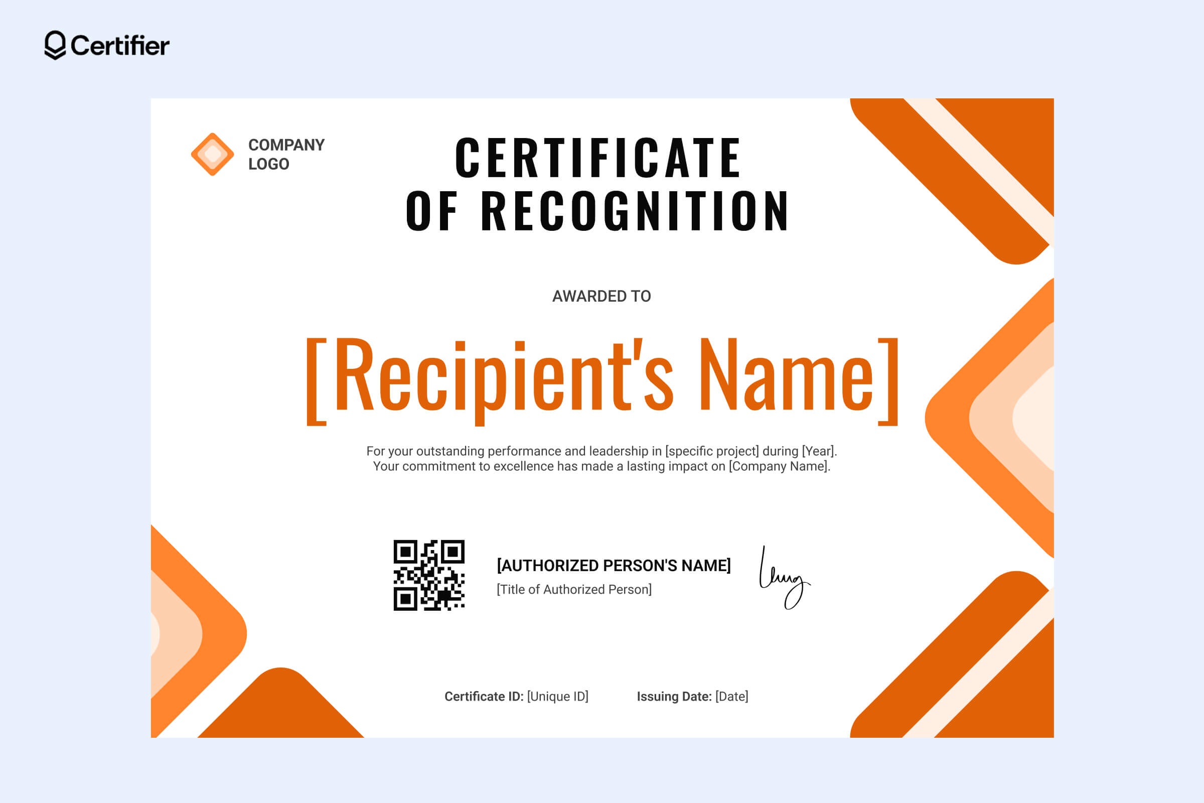 Modern employee of the year certificate template with bold typography, orange geometric elements, and a QR code for digital verification Modern employee of the year certificate template with bold typography, orange geometric elements, and a QR code for digital verification