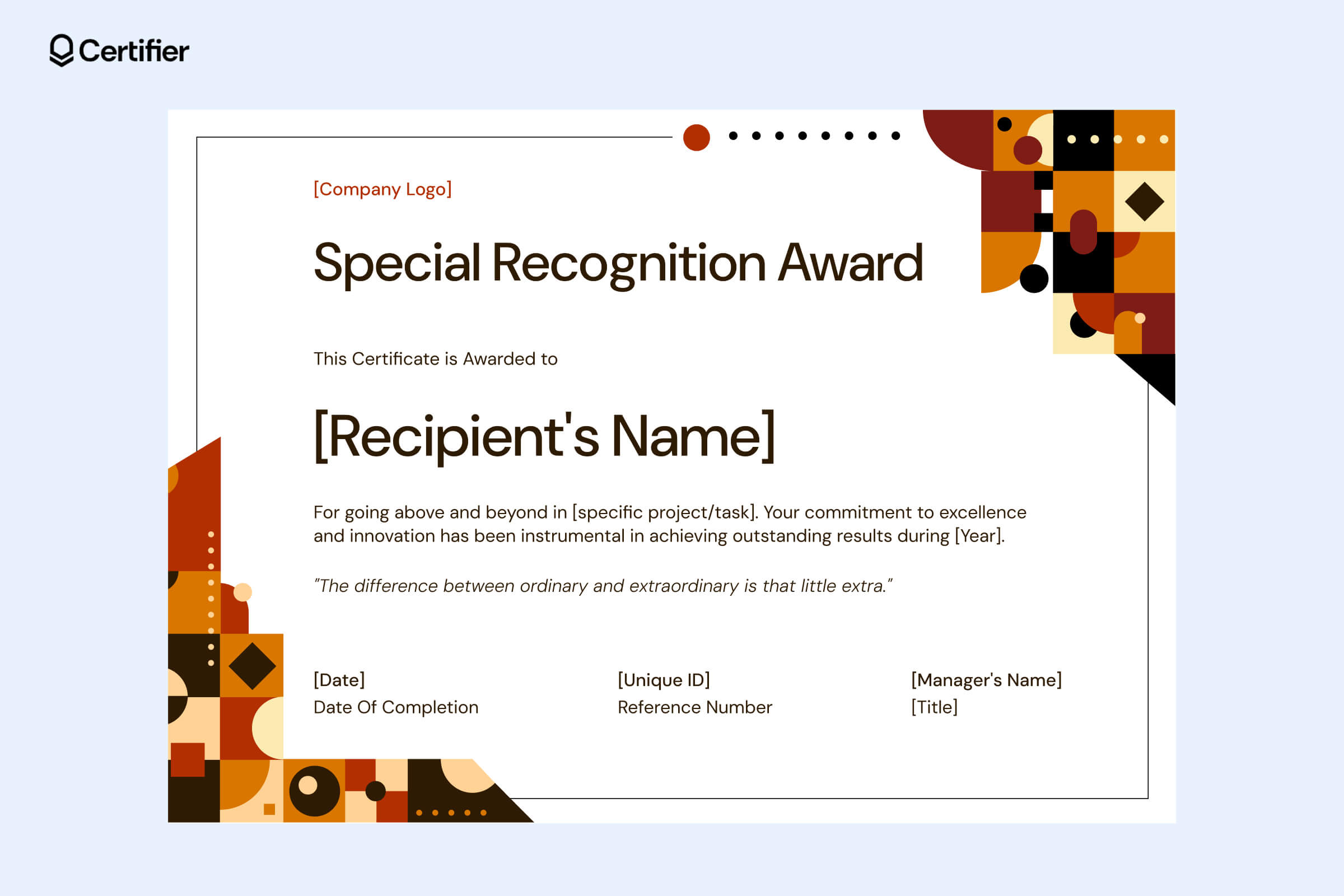 Modern geometric employee of the year certificate template with artistic accents and a sleek, structured format Modern geometric employee of the year certificate template with artistic accents and a sleek, structured format