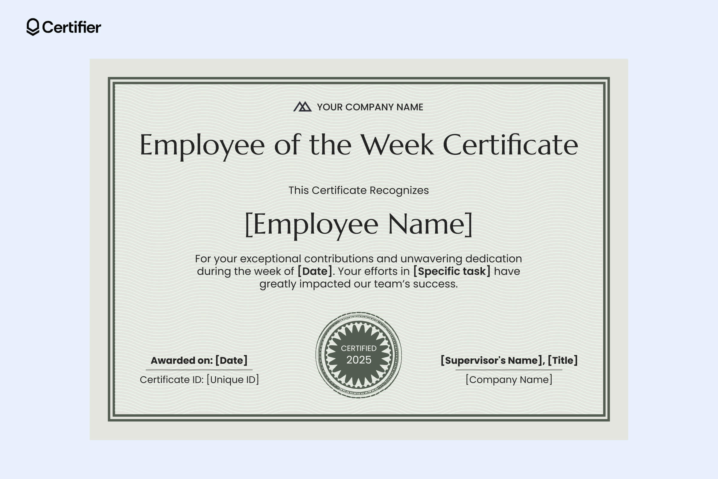 Employee of the week certificate template with a modern border, neutral tones, and structured text layout Employee of the week certificate template with a modern border, neutral tones, and structured text layout