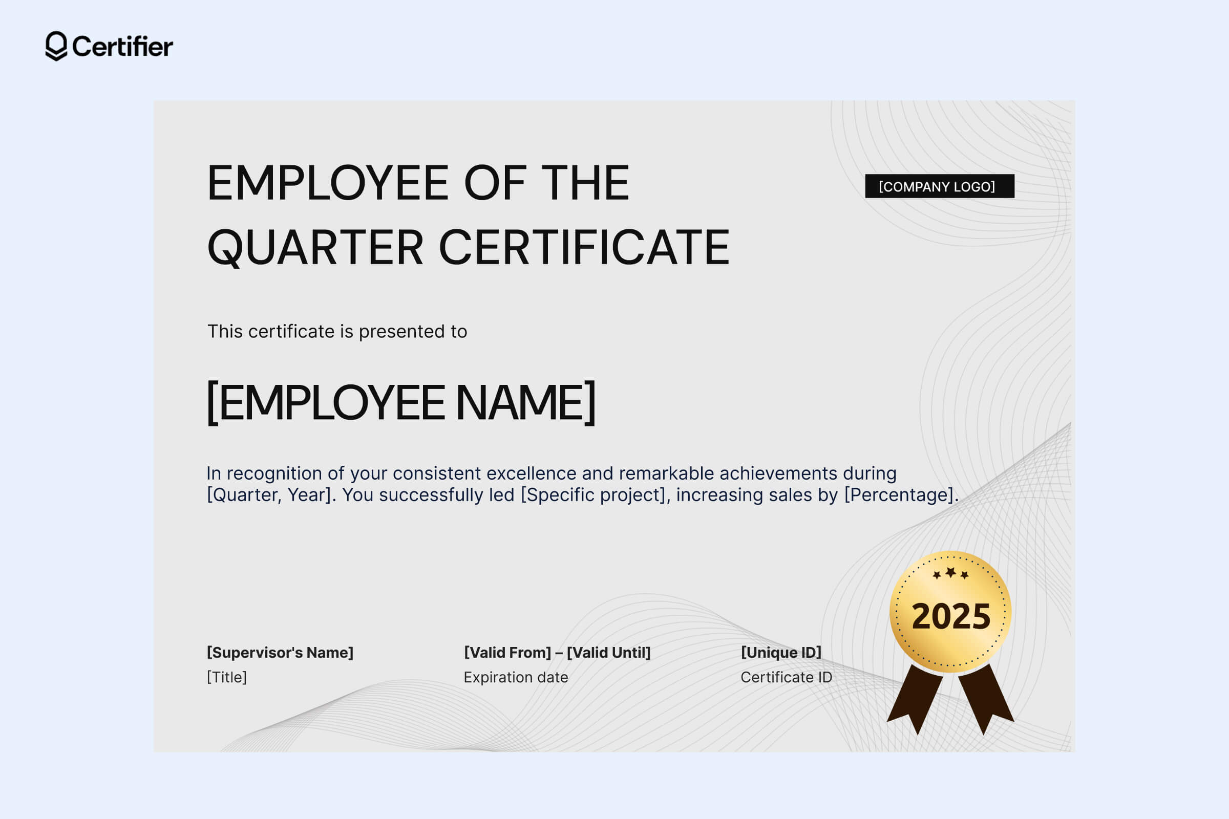 Employee of the week certificate template with a modern border, neutral tones, and structured text layout Employee of the week certificate template with a modern border, neutral tones, and structured text layout