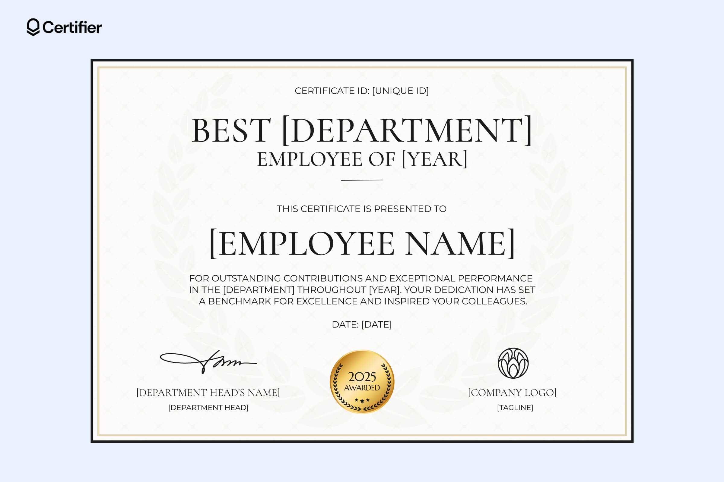 Best department employee of the year certificate template with gold accents and a laurel-inspired background Best department employee of the year certificate template with gold accents and a laurel-inspired background