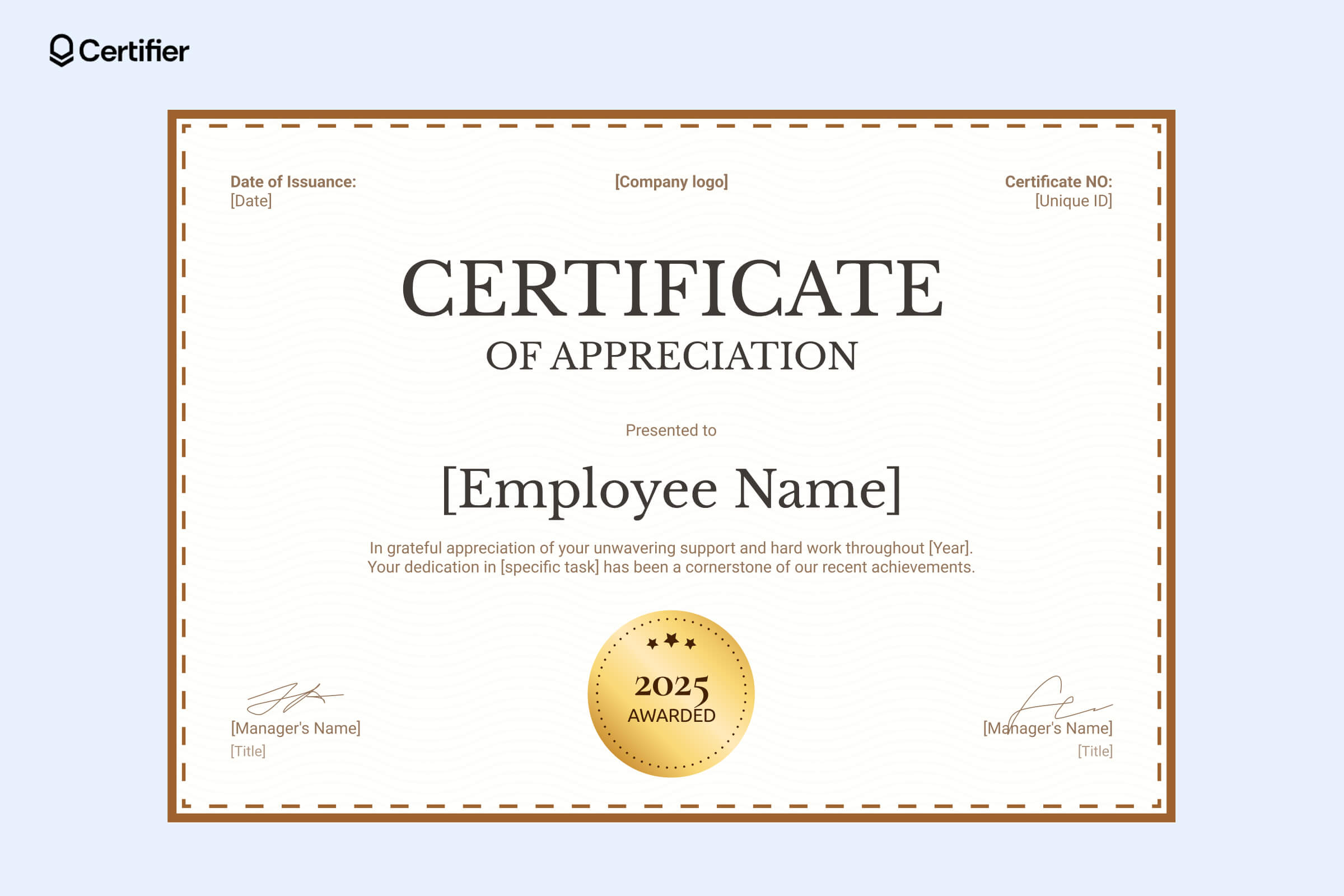 Employee of the week certificate template with a modern border, neutral tones, and structured text layout Employee of the week certificate template with a modern border, neutral tones, and structured text layout